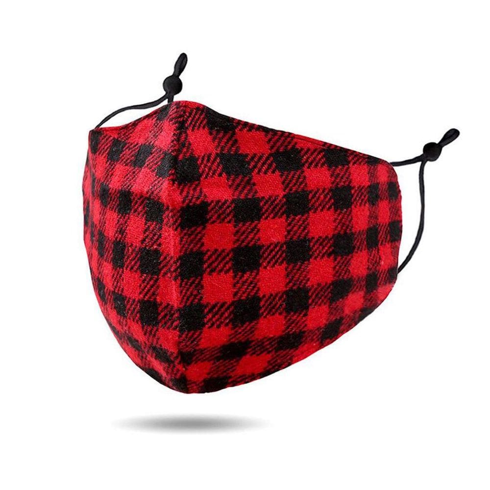 Máscara facial vermelha, preta, xadrez, impressão digital, algodão respirável