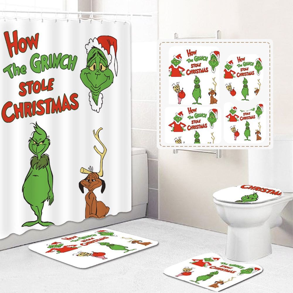 Conjunto de cortinas de chuveiro Christmas Grinchs, 4 peças com tapete antiderrapante