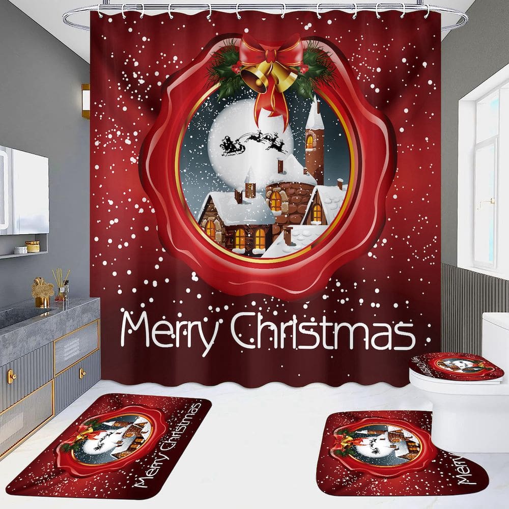 Conjunto de cortinas de chuveiro Feliz Natal com 4 peças antiderrapantes