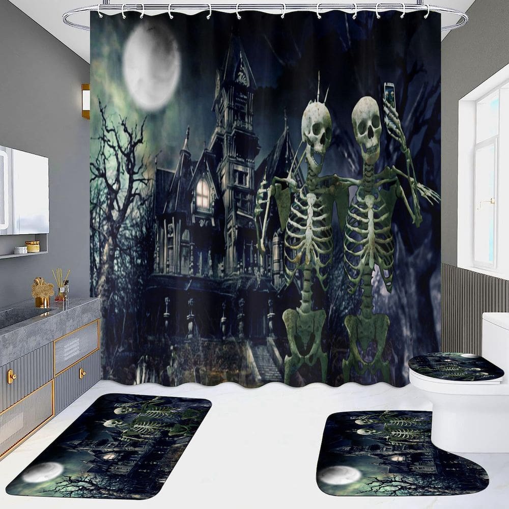 Conjunto de cortinas de chuveiro Halloween Skull, 4 peças com tapete antiderrapante