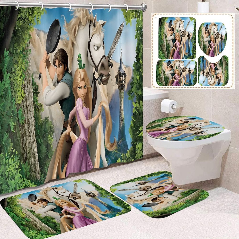 Conjunto de cortinas de chuveiro Rapunzels Anime com tapete de toalete e tapete de banho