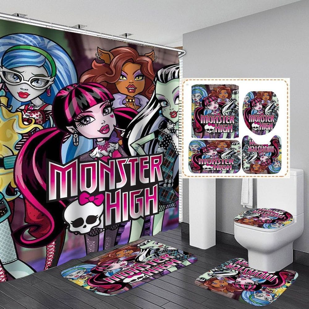 Conjunto de cortinas de chuveiro Monsters Highs Anime, 4 unidades com tapete e tapete