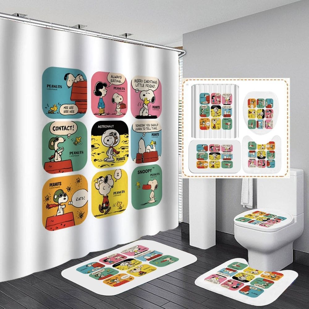 Conjunto de cortinas de chuveiro Snoopys Anime Waterproof com tapete e tapete