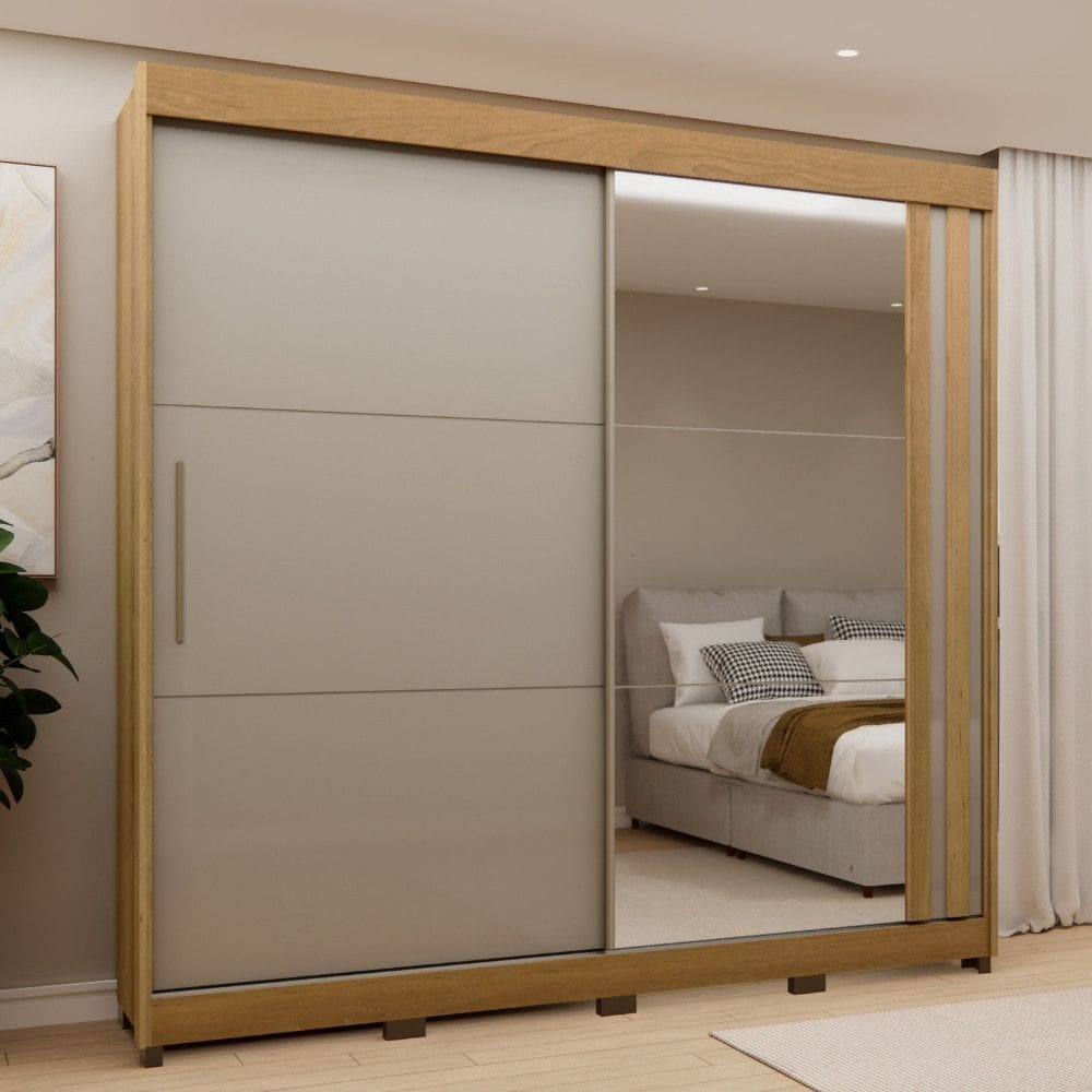 Guarda Roupa Casal com Espelho 2 Portas de Correr e Pes Em MDF Italia Luciane