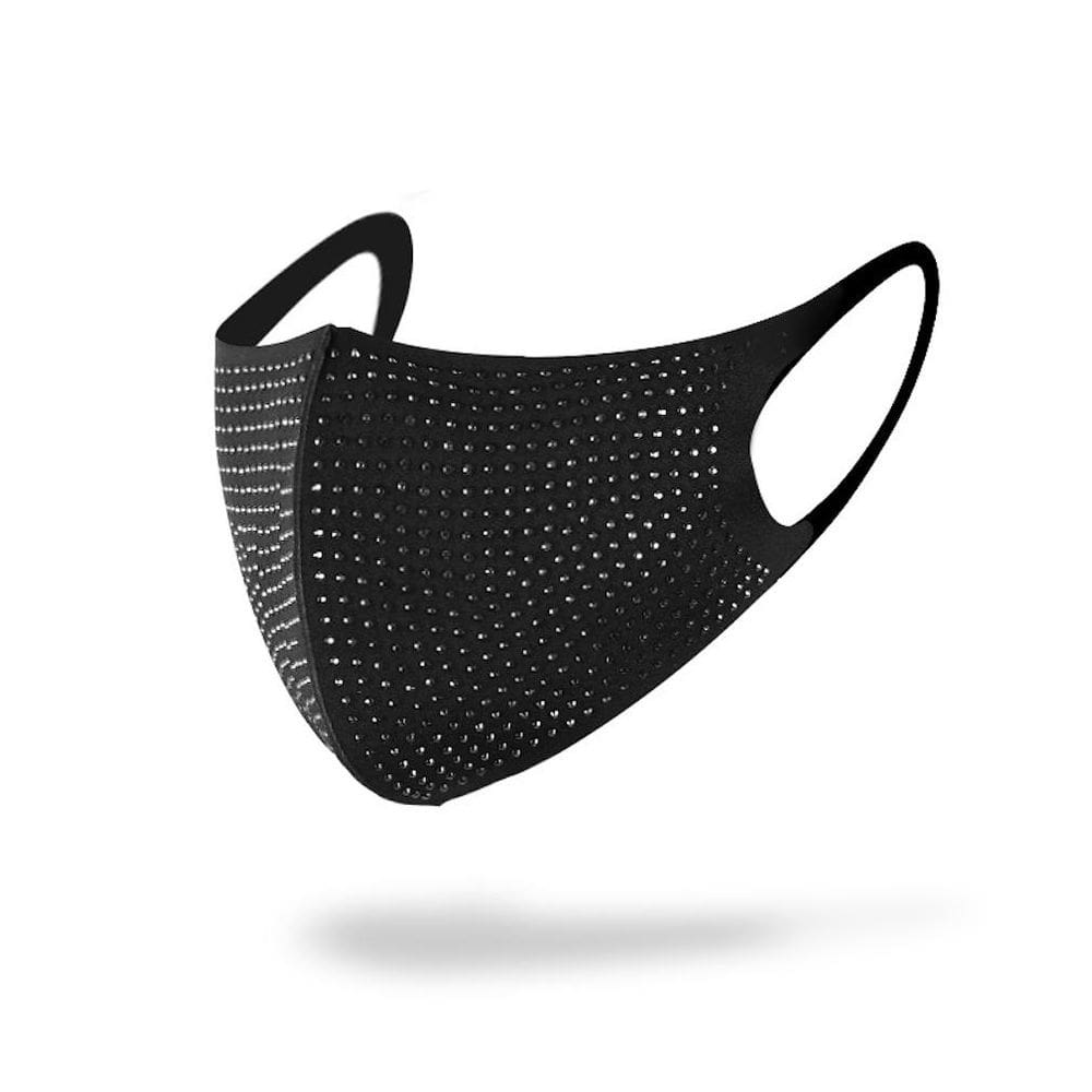 Máscara facial decorativa de strass preto e algodão respirável