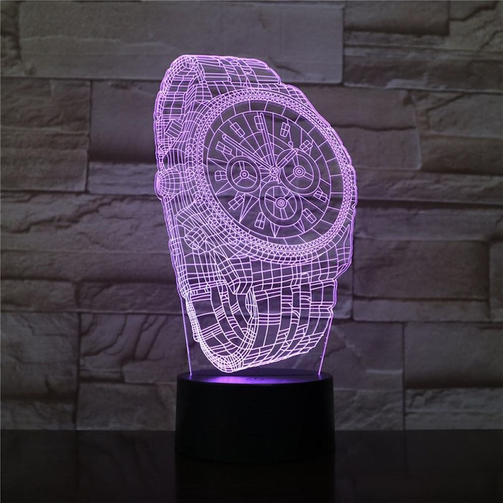 Design de relógio mecânico com lâmpada de ilusão 3D com luz noturna