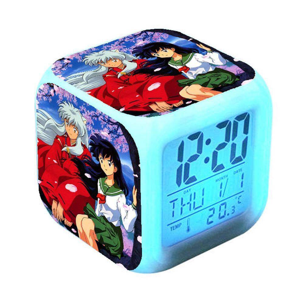 Relógio digital LED em forma quadrada de Inuyasha com alarme para crianças