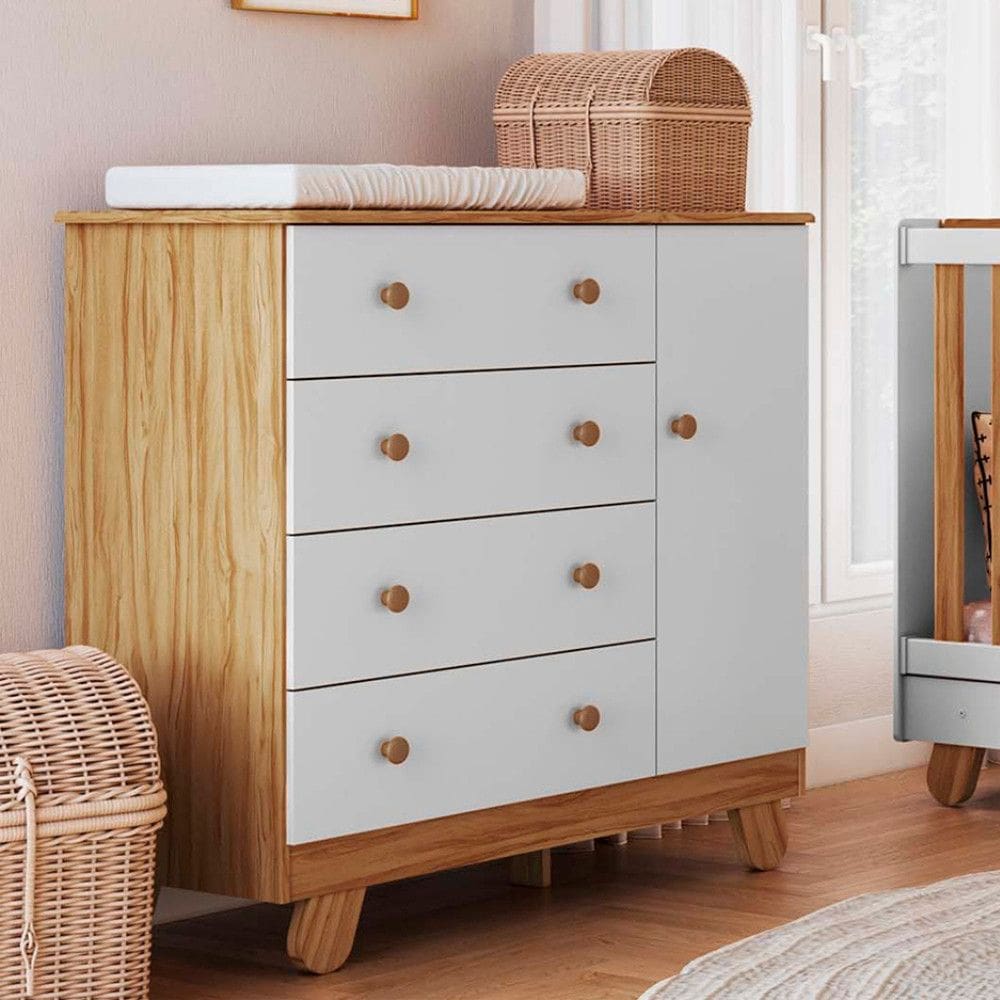 Comoda Infantil 4 Gavetas 1 Porta em MDF Pingo Moveis Peroba