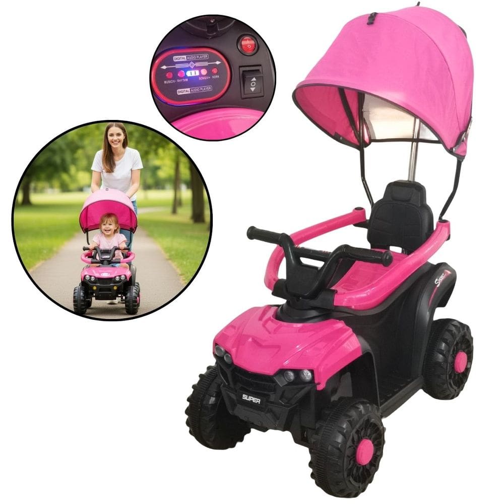 Mini Quadriciclo Elétrico 6V Infantil com Empurrador e Cobertura para Passeios Rosa Importway Bw393