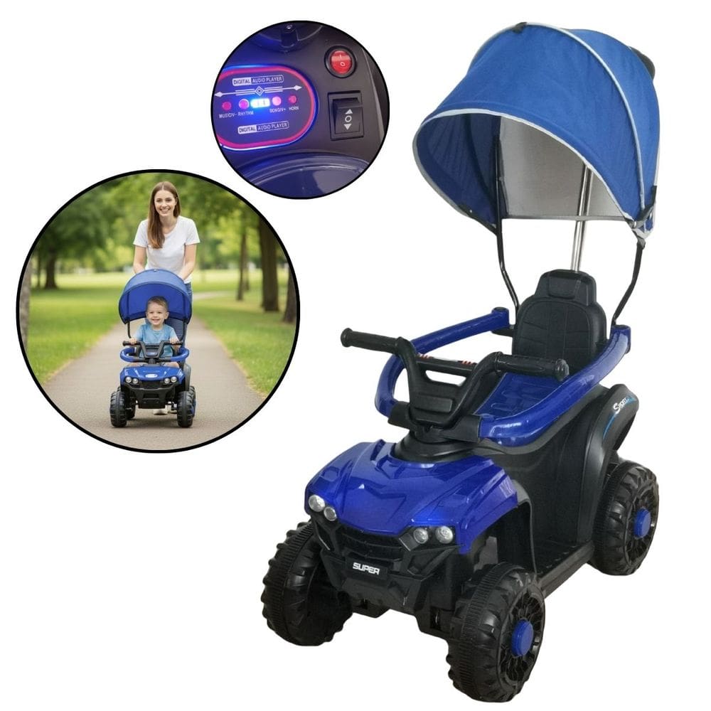 Mini Quadriciclo Elétrico 6V Infantil com Empurrador e Cobertura para Passeios Azul Importway Bw393