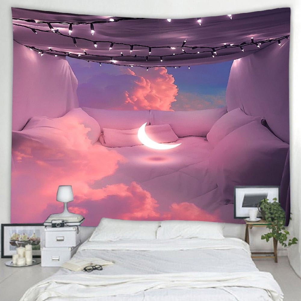 Tapeçaria White Clouds Sky Moon Wall 150x130cm em microtecido