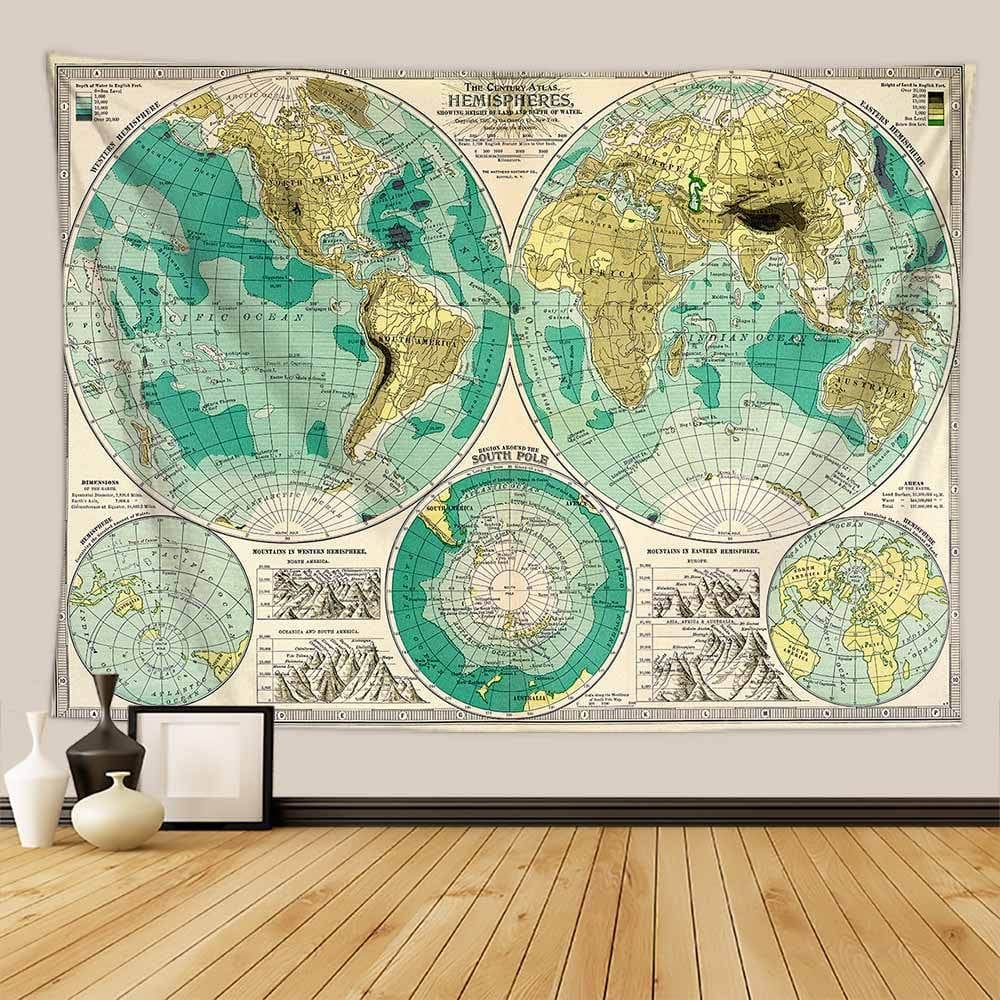 Microtecido de parede Tapeçaria World Map 150x130cm para quarto