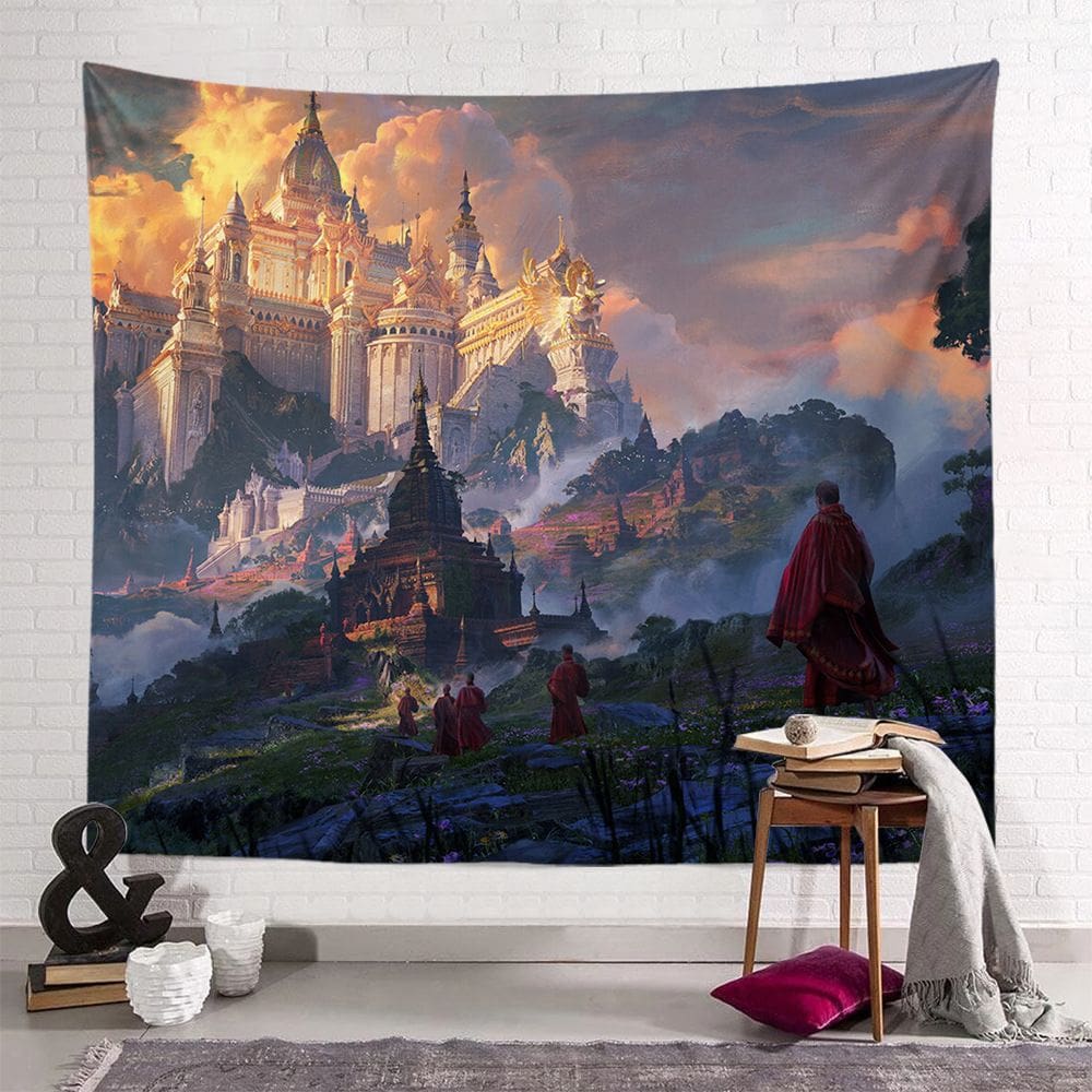 Tapeçaria Fantasy Landscape Castle Wall 150x130cm em microtecido