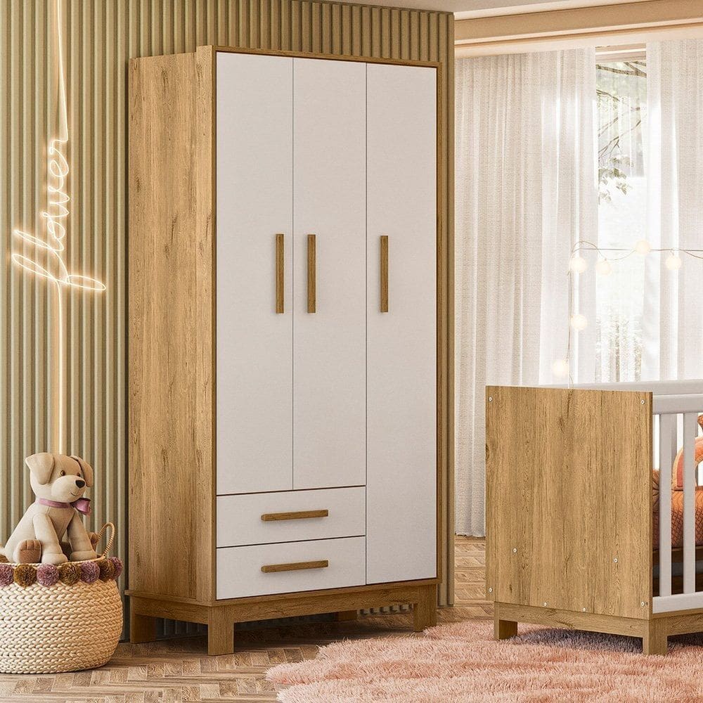 Guarda-roupa Infantil 3 Portas com 2 Gavetas Q Encanto Slim Freijó/Branco