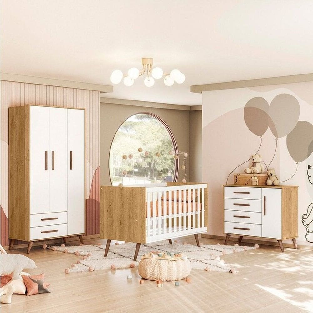 Quarto de Bebê Completo Guarda-roupa, Berço e Cômoda Q-encanto Retrô Freijo Toq/Branco Acetinado
