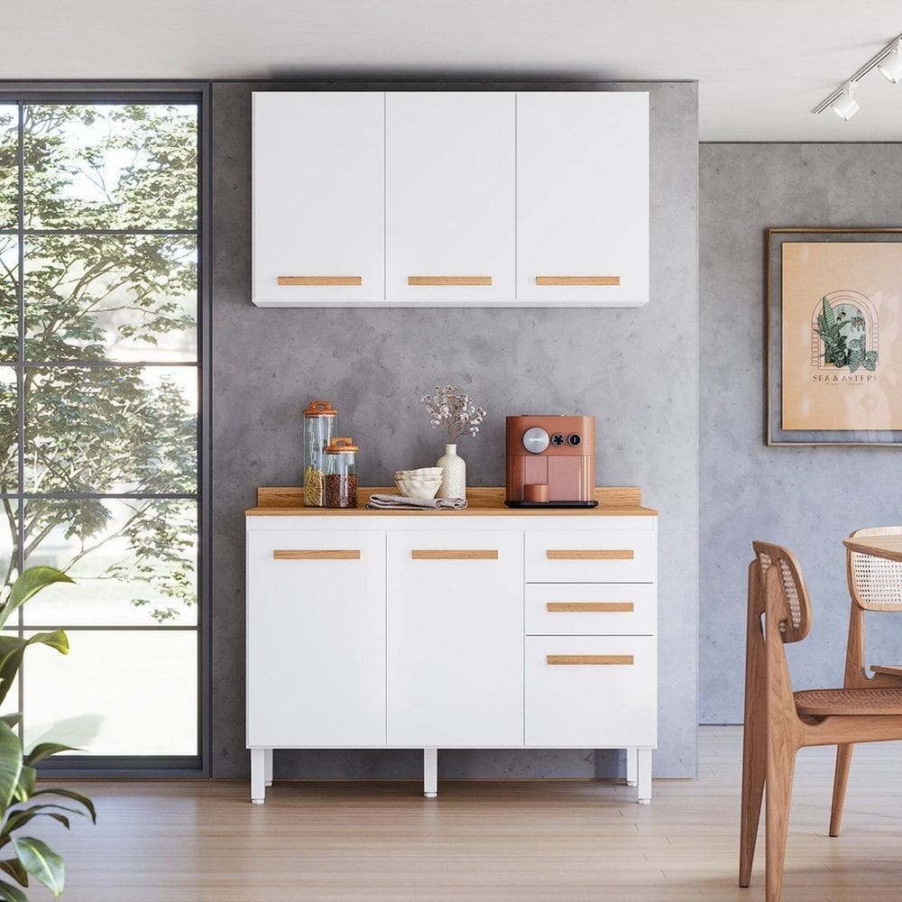 Armario para Cozinha Modulada 2 Peças com Balcão com Tampo e Armário Aéreo  Amore Branco