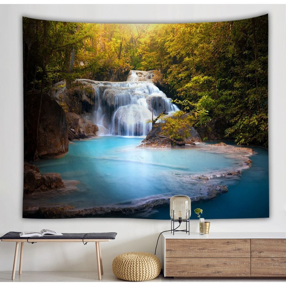 Tapeçaria Deep Mountain Forest Waterfall 150x150cm em microtecido