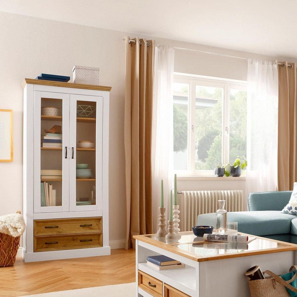 Cristaleira Vitrine de Madeira Maciça com 2 Gavetas | Coleção England Branco lavado/Cera natural