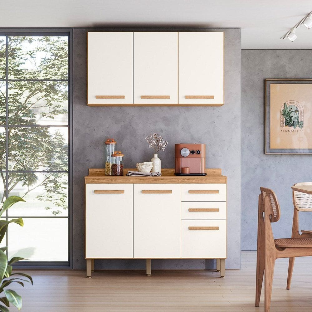 Armario para Cozinha Modulada 2 Peças com Balcão com Tampo e Armário Aéreo  Amore Freijó/Off White