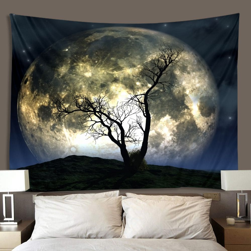 Tapeçaria: Floresta Misteriosa, Lua, Céu Estrelado, 200x150cm, Microtecido