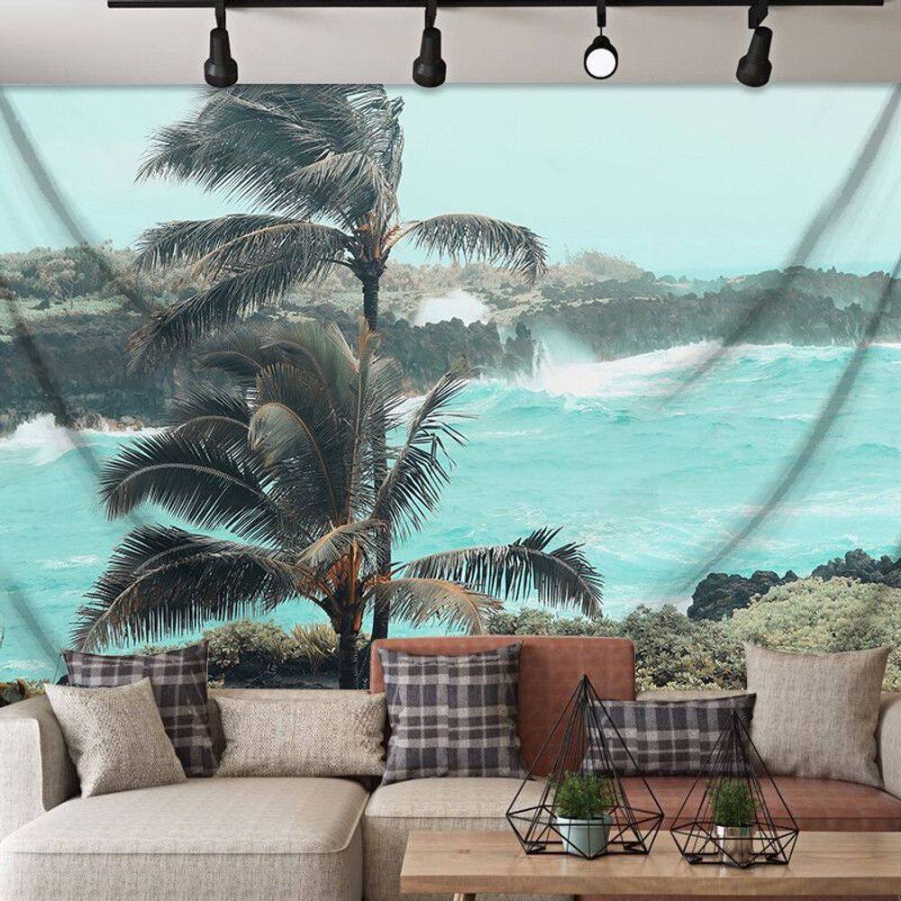 Tapeçaria Beach Coqueiro, parede de 100x70cm, microtecido, fibra