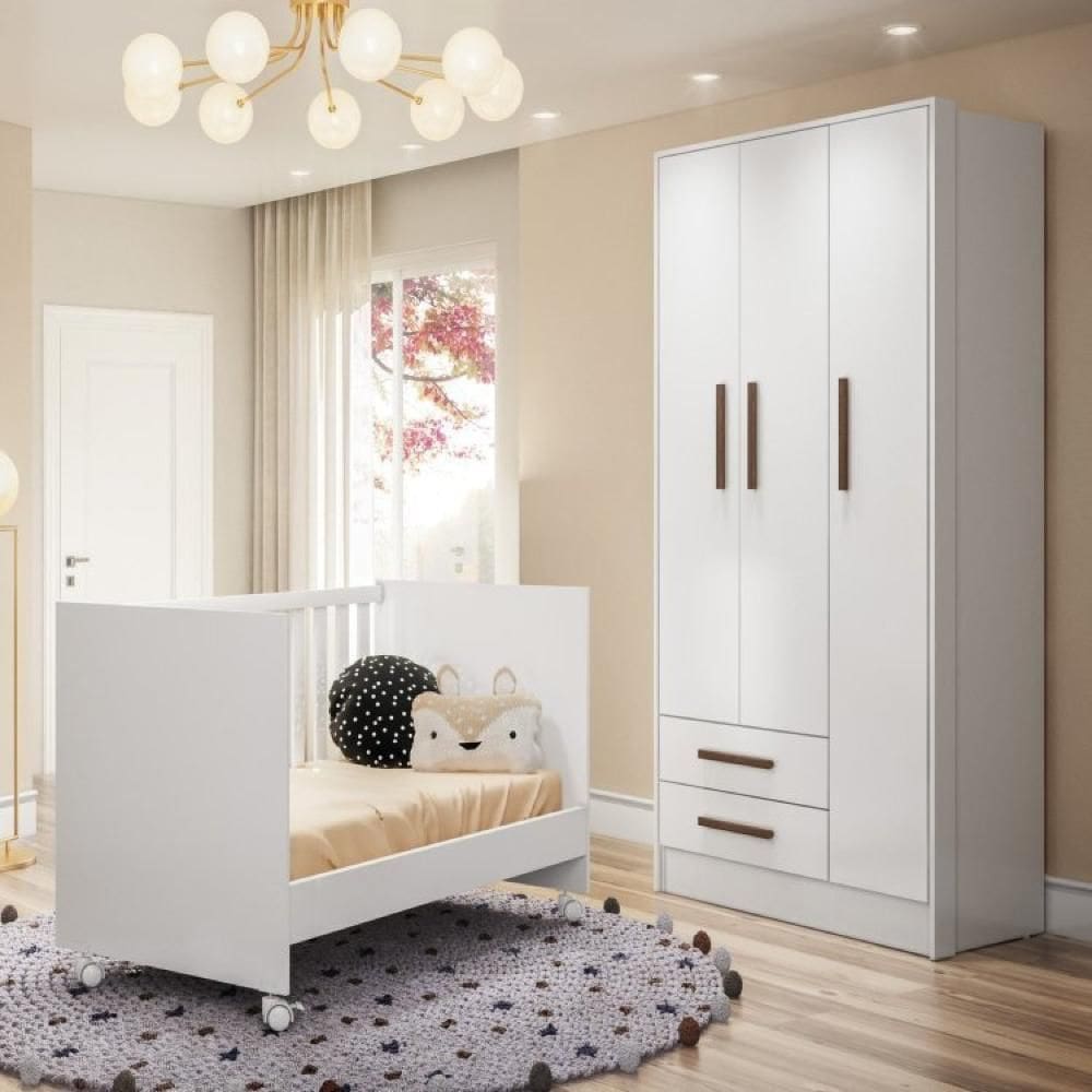 Quarto de Bebê Completo Berço Mini Cama e Guarda Roupa 3 Portas Q Encanto Branco