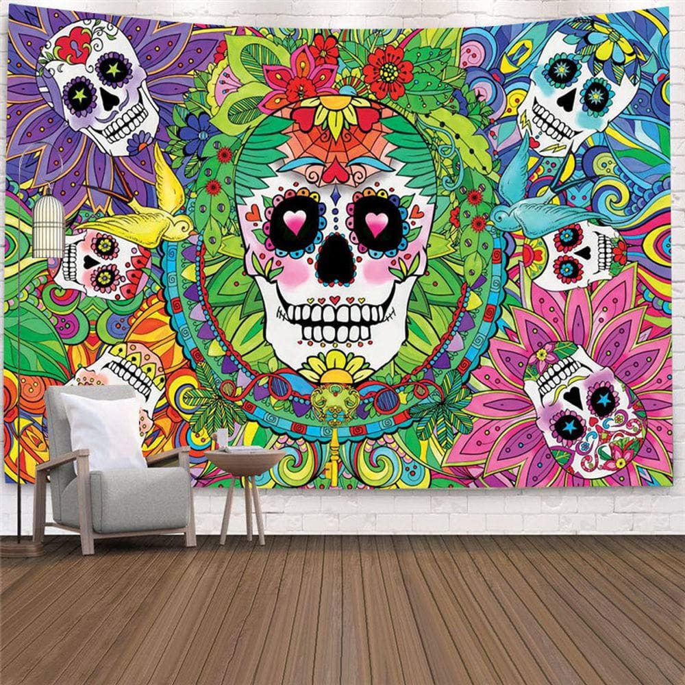 Tapeçaria Flor Psicodélica Esqueleto de Halloween 150x150cm