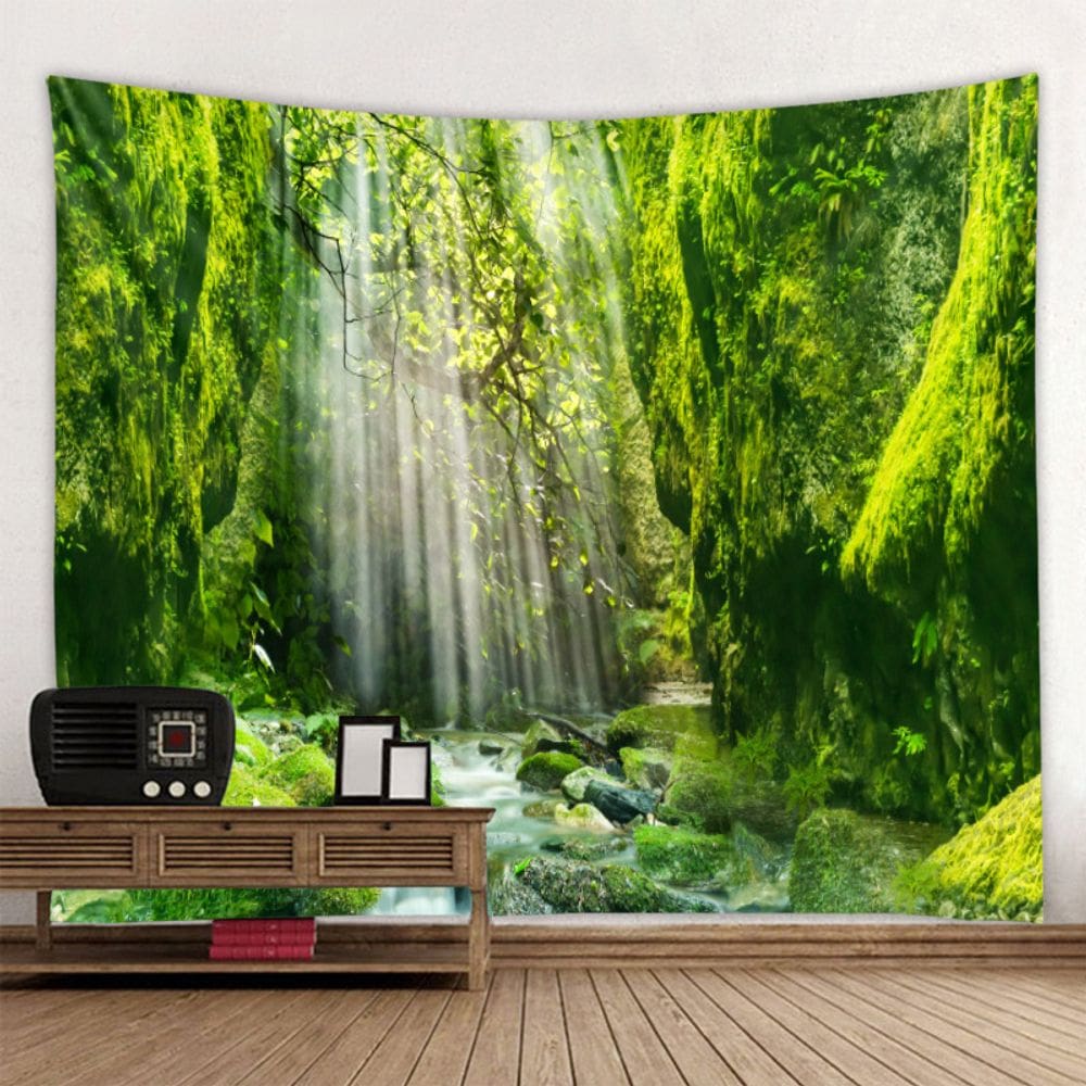 Tapeçaria, paisagem verde, parede em cascata, 200x150cm, microtecido