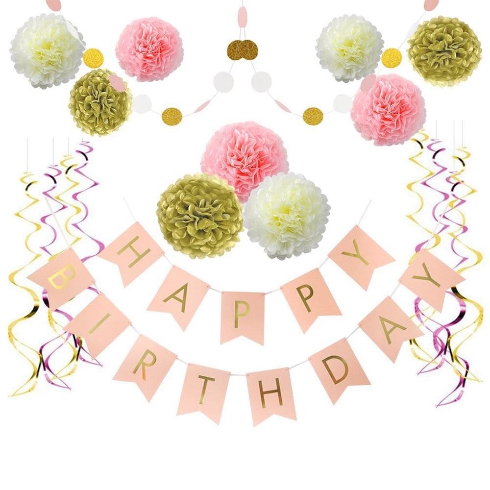 Kit de flores de papel de aniversário, 17 unidades com balões e banner