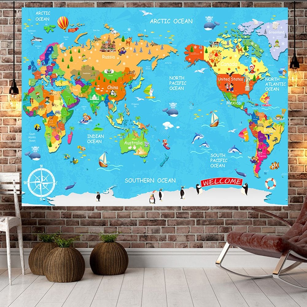 Microtecido para pendurar na parede Tapeçaria World Map 150x110cm