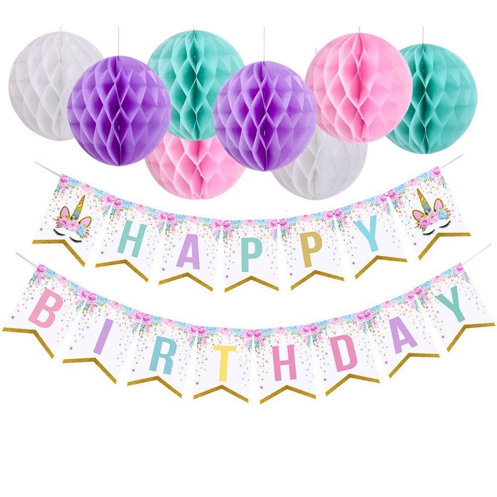 Kit de flores de papel de aniversário, 9 peças com balões e banner