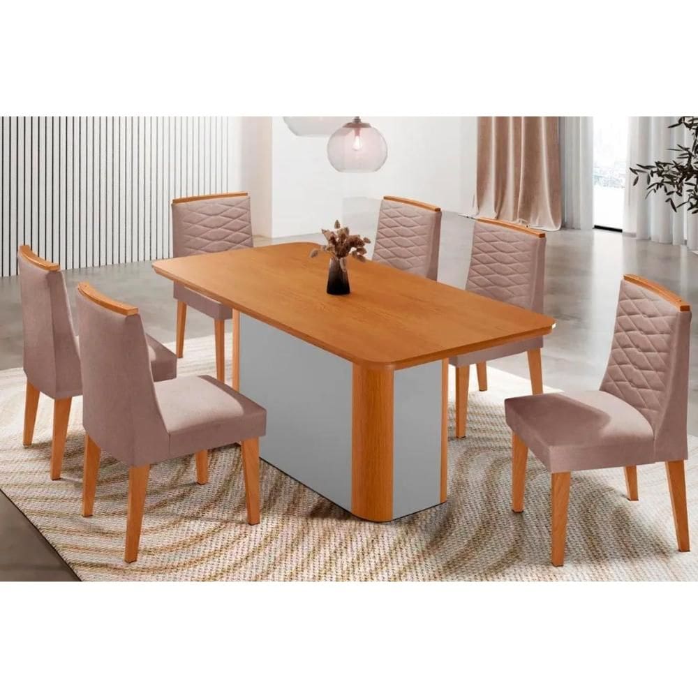 Sala Jantar Mesa Pietá Tampo Curvo 180cm+6 Cadeiras Maldivas Madeira Naturale/Off White - Capuccino/Linho Capuccino - Rufato