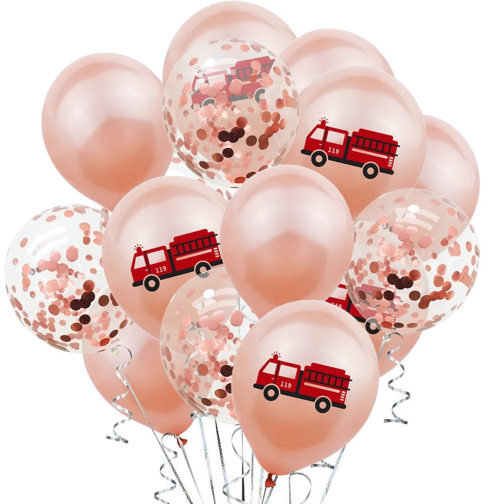 Kit de balões, caminhão de combate a incêndio em ouro rosa, 30 cm, 15 unidades