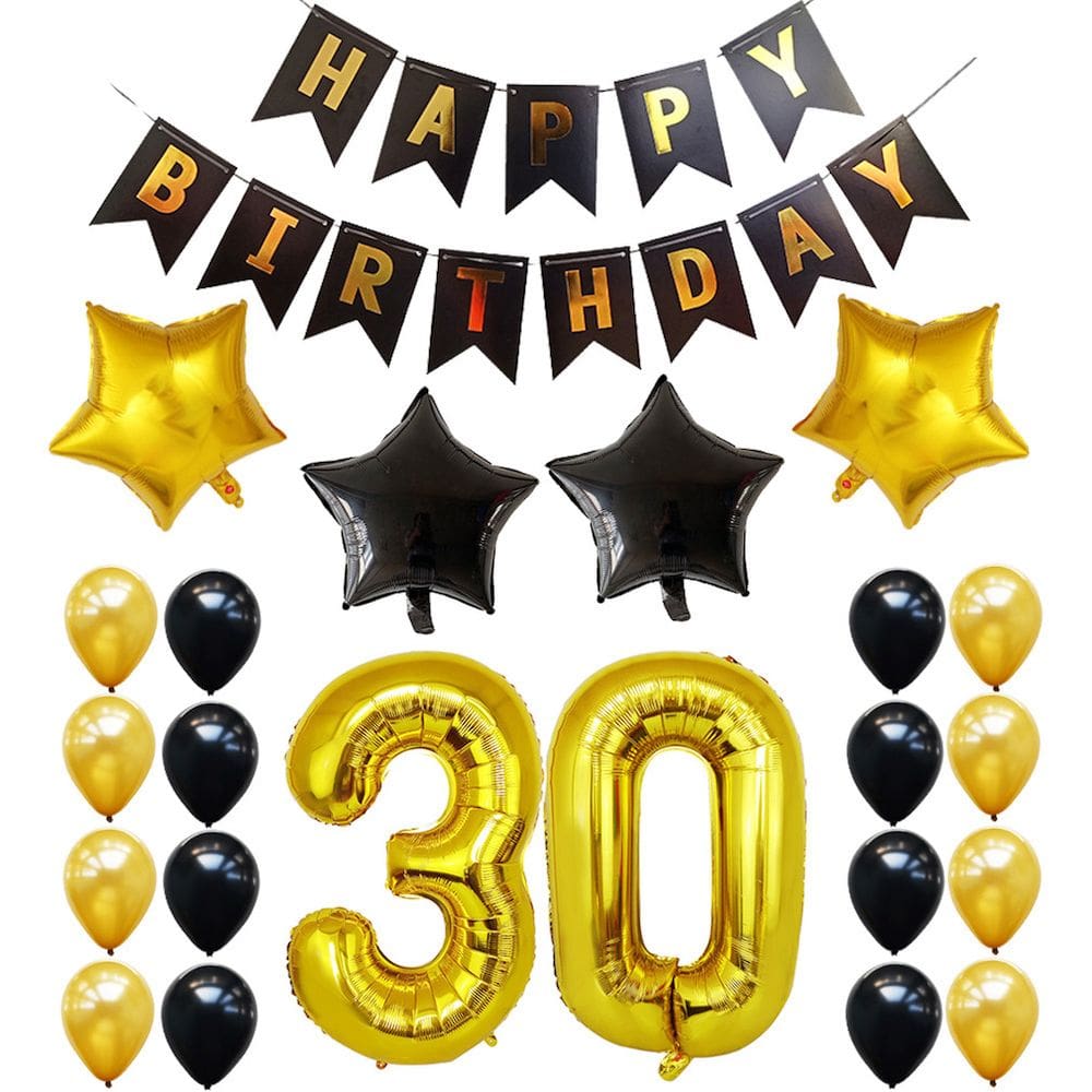 Kit de balões de aniversário Mylar preto e dourado, 23 unidades