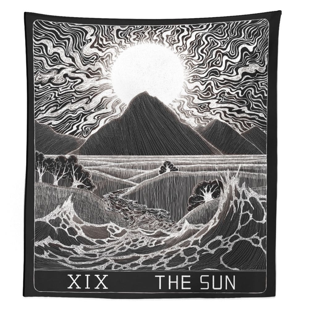 Tapeçaria Sun Mountain em preto e branco, 150x100cm, microtecido