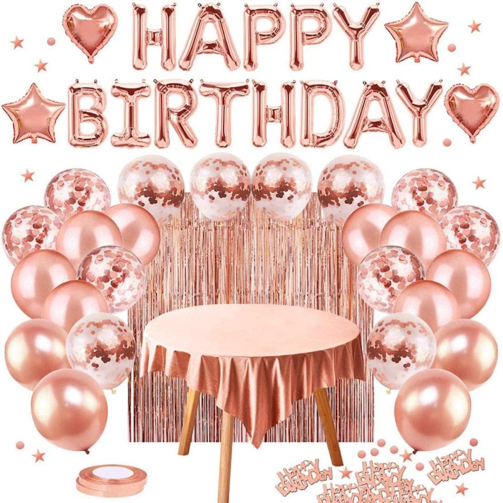 Kit de balões de aniversário Rose Gold Mylar 45 unidades com toalha de mesa