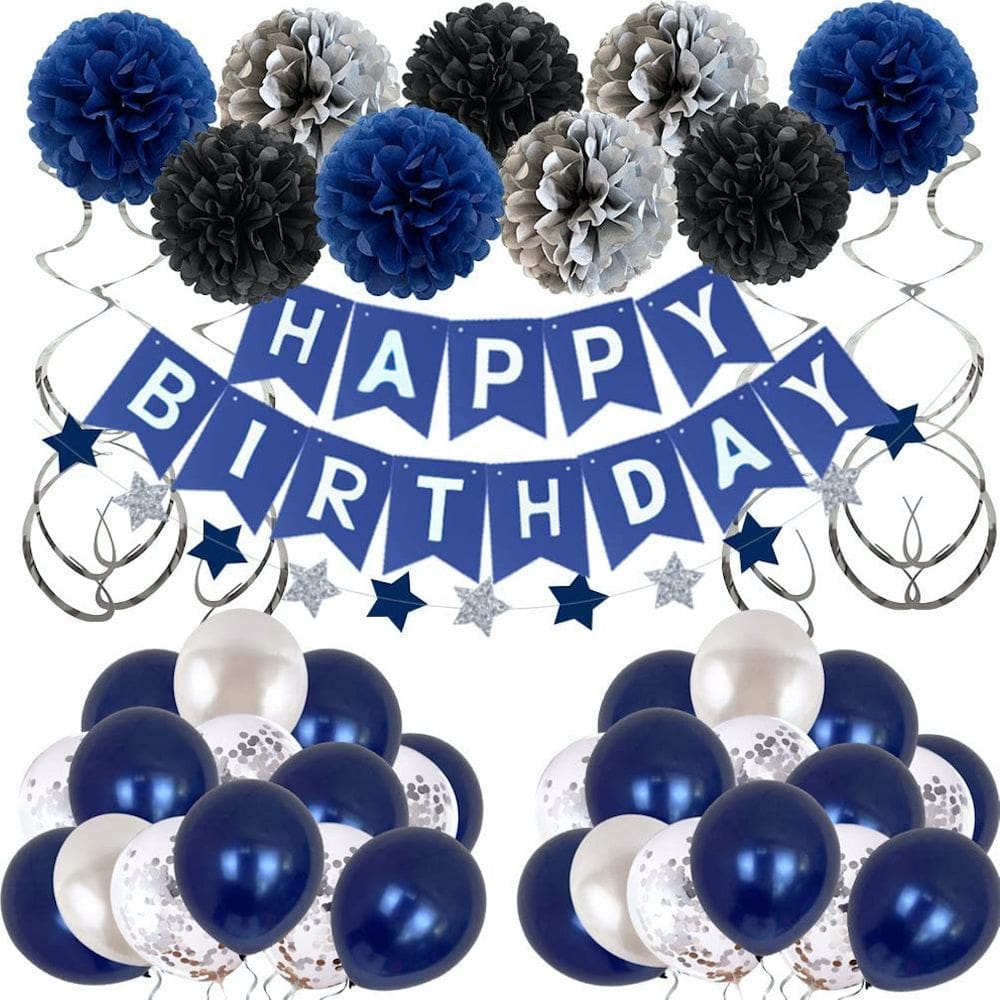 Kit de balões de aniversário de látex azul marinho, 47 unidades com banner e pompons