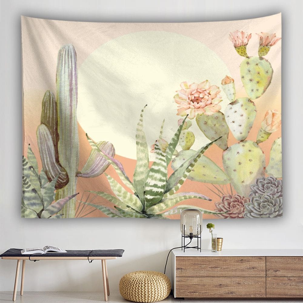 Tapeçaria, cacto, planta suculenta, parede, 150x150cm, microtecido