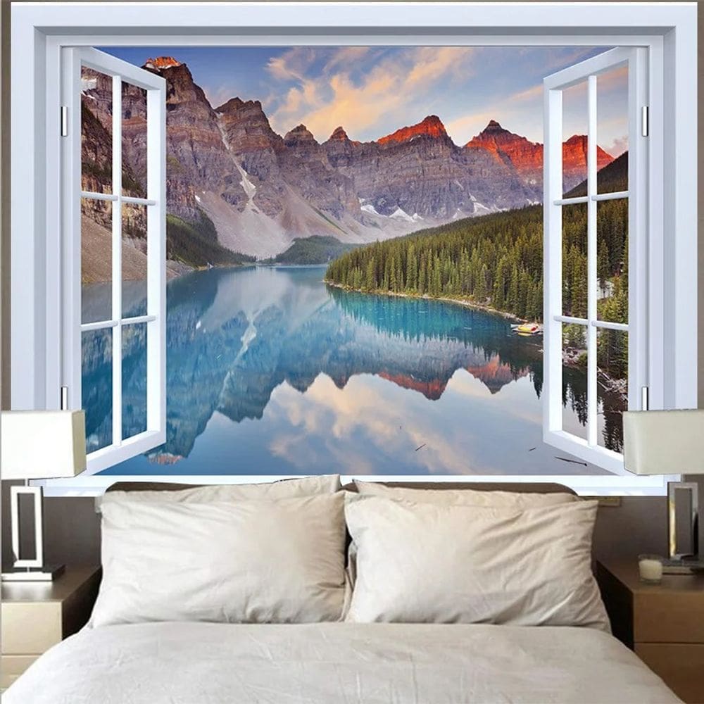 Tapeçaria, janela, paisagem, montanha, lago, pôr do sol, 150x100cm