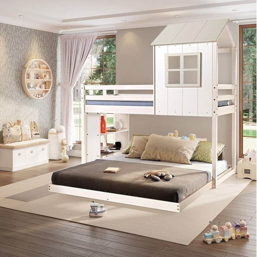 Beliche Solteiro Queen Montessoriano Cabana com Escorregador e Estante Casatema MadeiraOriginals Branco/Off White