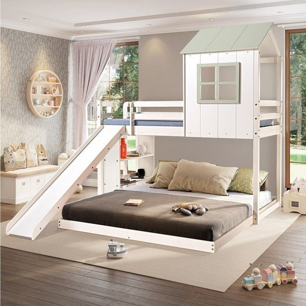 Beliche Queen Montessoriano Cabana Family com Escorregador e Estante Casatema MadeiraOriginals Branco/Verde