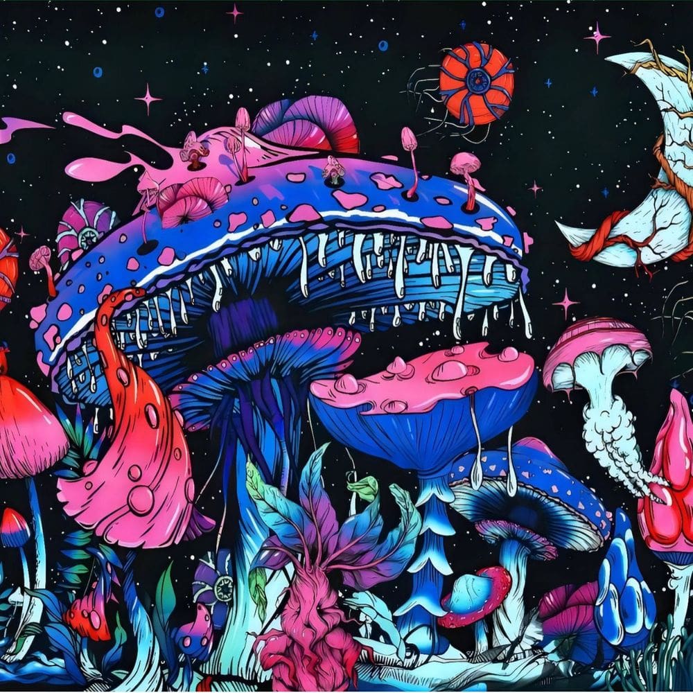 Tapeçaria, parede de cogumelos psicodélicos, 150x130cm, microtecido