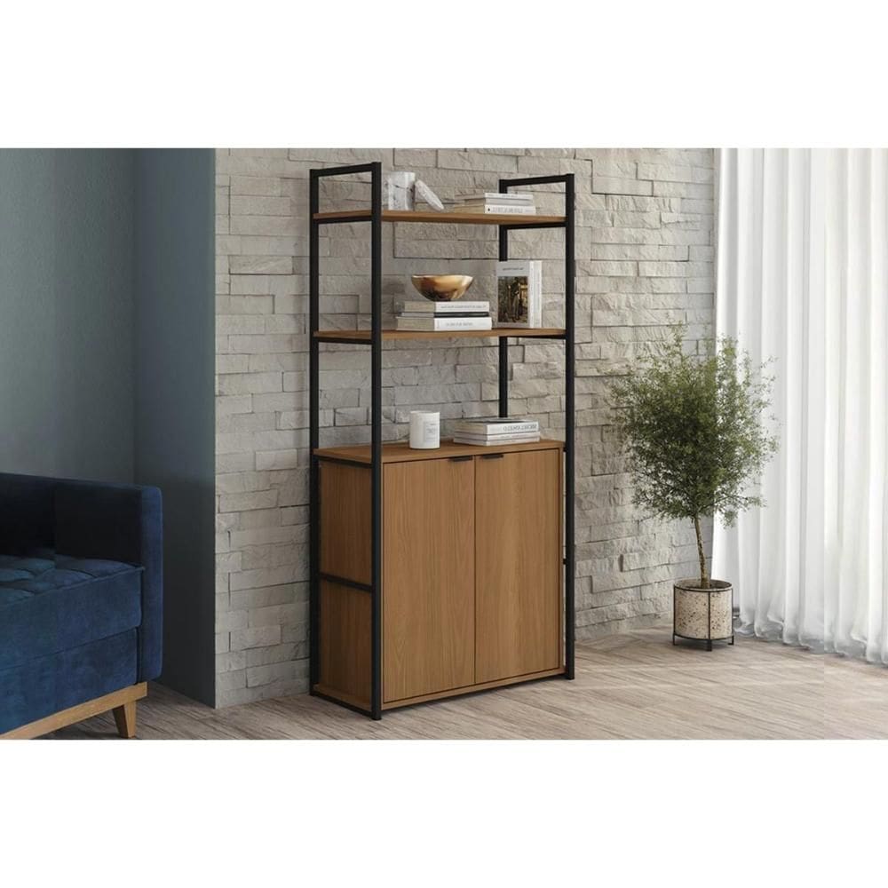 Estante Livreiro de Escritório Industrial Alta LI041 c/ 2 Portas 72x151cm Canela/Preto Kappesberg