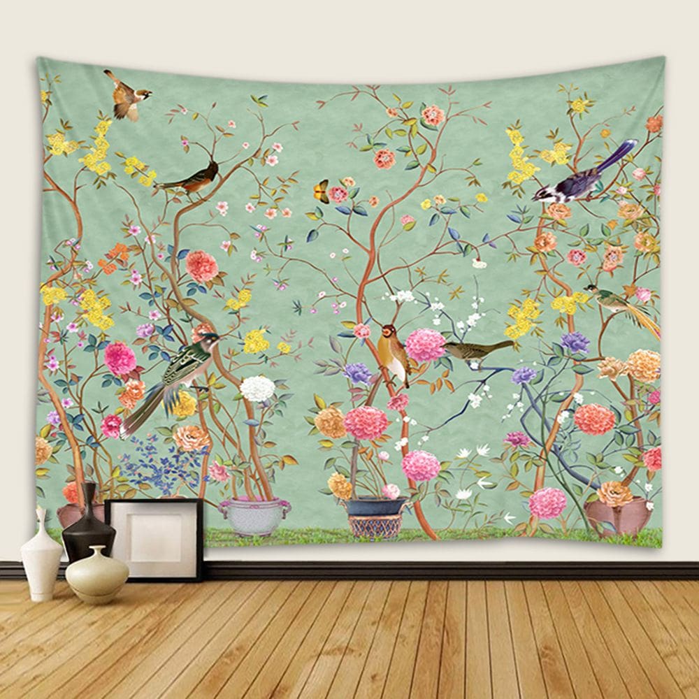 Tapeçaria: flor verde e pássaro, flor da primavera, 200x150cm