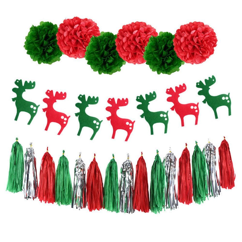 Kit de balões, papel vermelho e preto, pompons, borlas com veado, 28 unidades