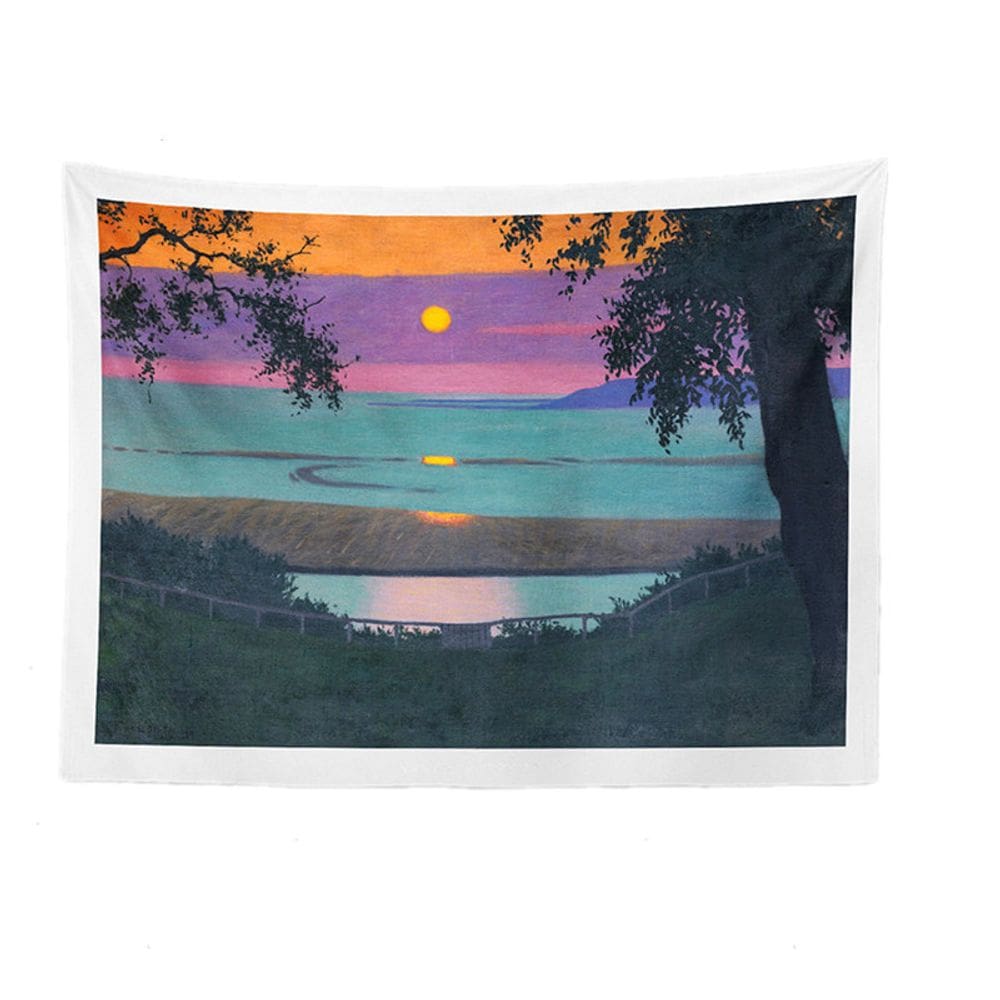 Tapeçaria, parede com paisagem de pôr do sol à beira-mar, 100x75cm, microtecido