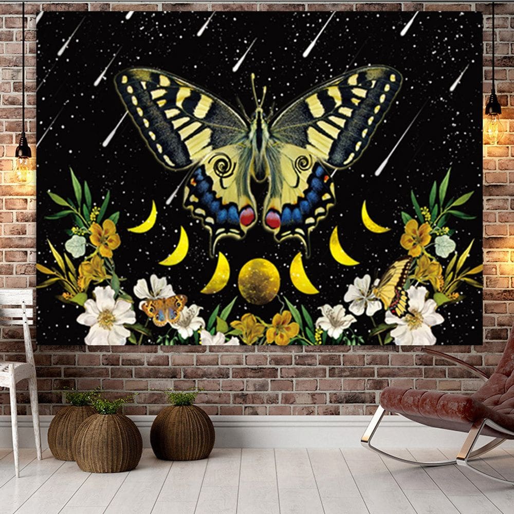 Tapeçaria: Sol e lua, parede de borboletas, 150x130cm, microtecido