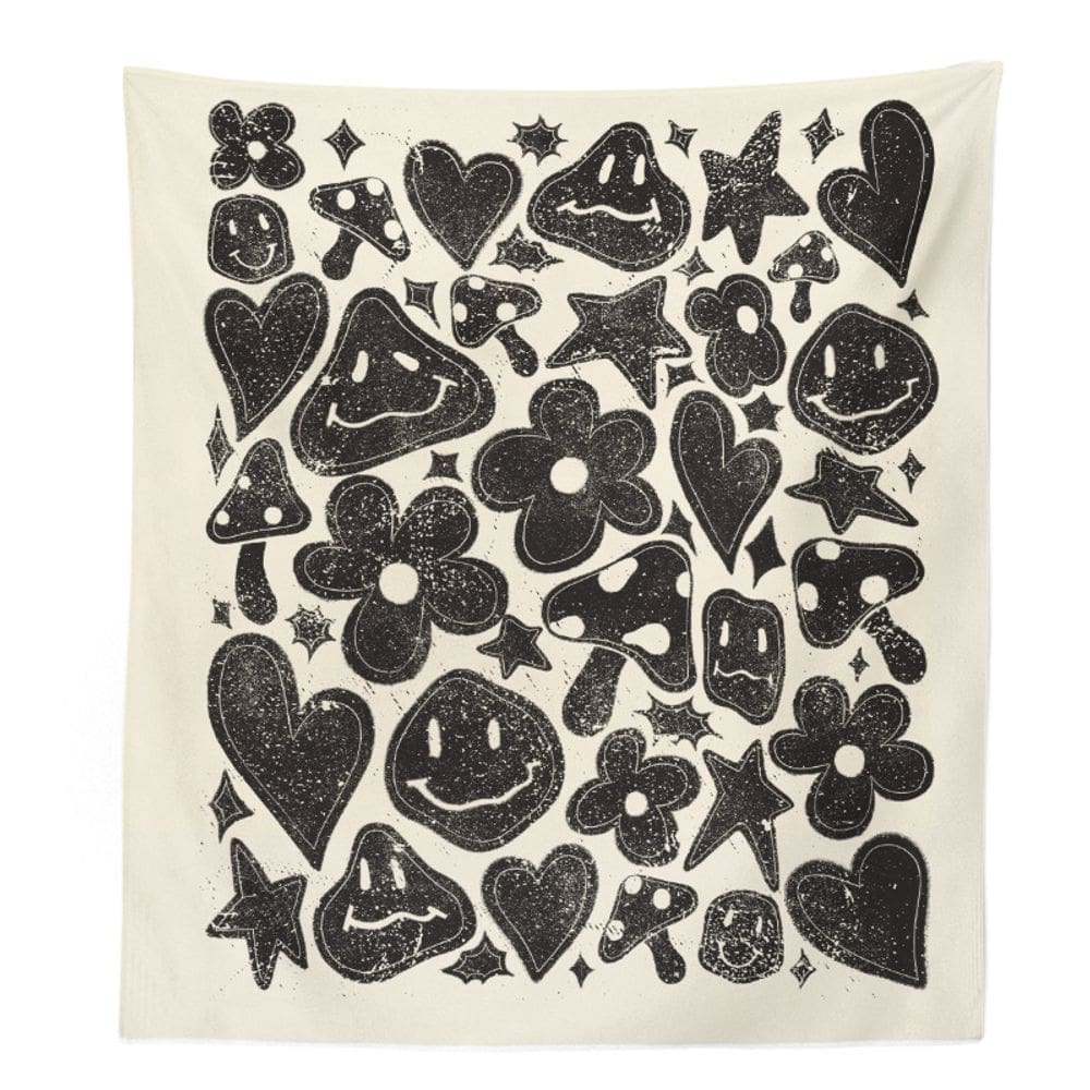 Tapeçaria Flores Pretas E Brancas Cogumelos 150x100cm