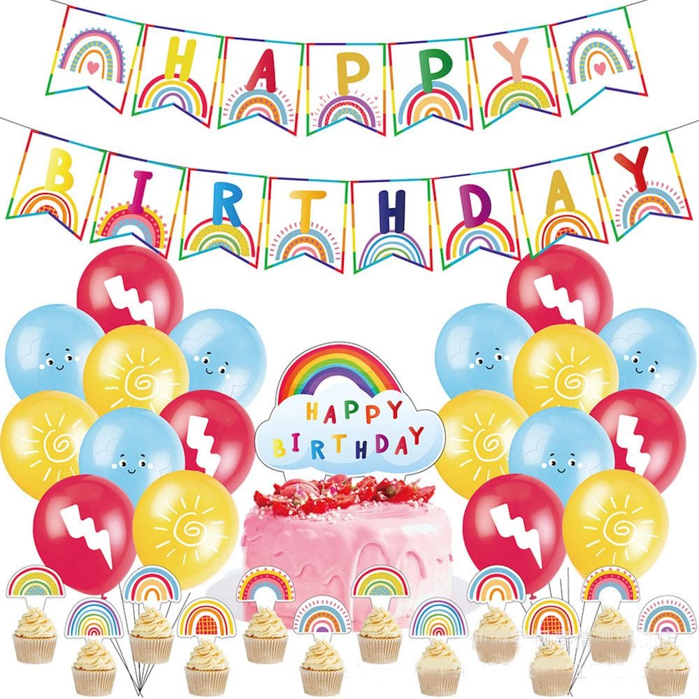 Kit de balões Rainbow Latex, 32 unidades com cobertura de bolo Banner