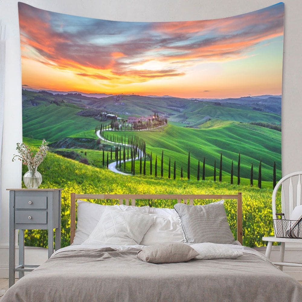 Tapeçaria, paisagem, pastagem verde, microtecido 150x150cm